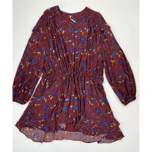 Free People Flower Fields Mini Dress Long Sleeve Drawstring Waist Size Medium